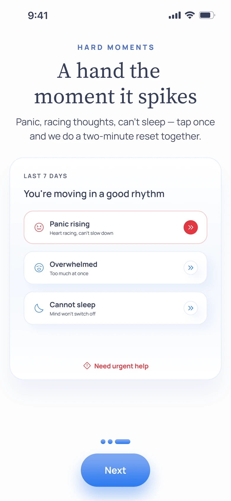 Elys Life — the Help me now screen, guiding a structured reset